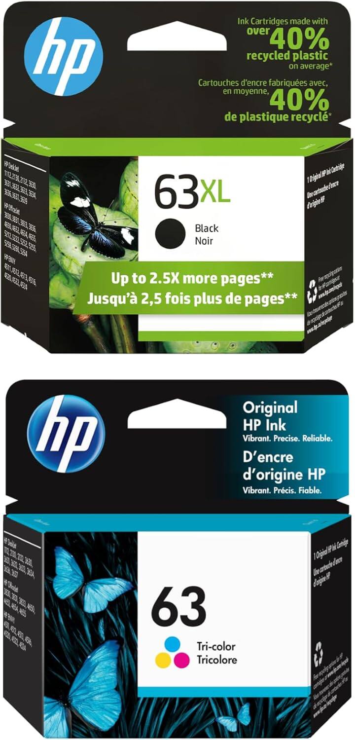 hp Ink Cartridges made with over 40% recycled plastic on average*  
Cartouches d'encre fabriquées avec, en moyenne, 40% de plastique recyclé*  

63XL  
Black Noir  
Up to 2.5X more pages**  
Jusqu'à 2,5 fois plus de pages**  

Original HP Ink  
Vibrant. Precise. Reliable.  
D'encre d'origine HP  
Vibrant. Précis. Fiable.  

63  
Tri-color Tricolore  

* Ink Cartridges made with over 40% recycled plastic on average  
** Up to 2.5X more pages