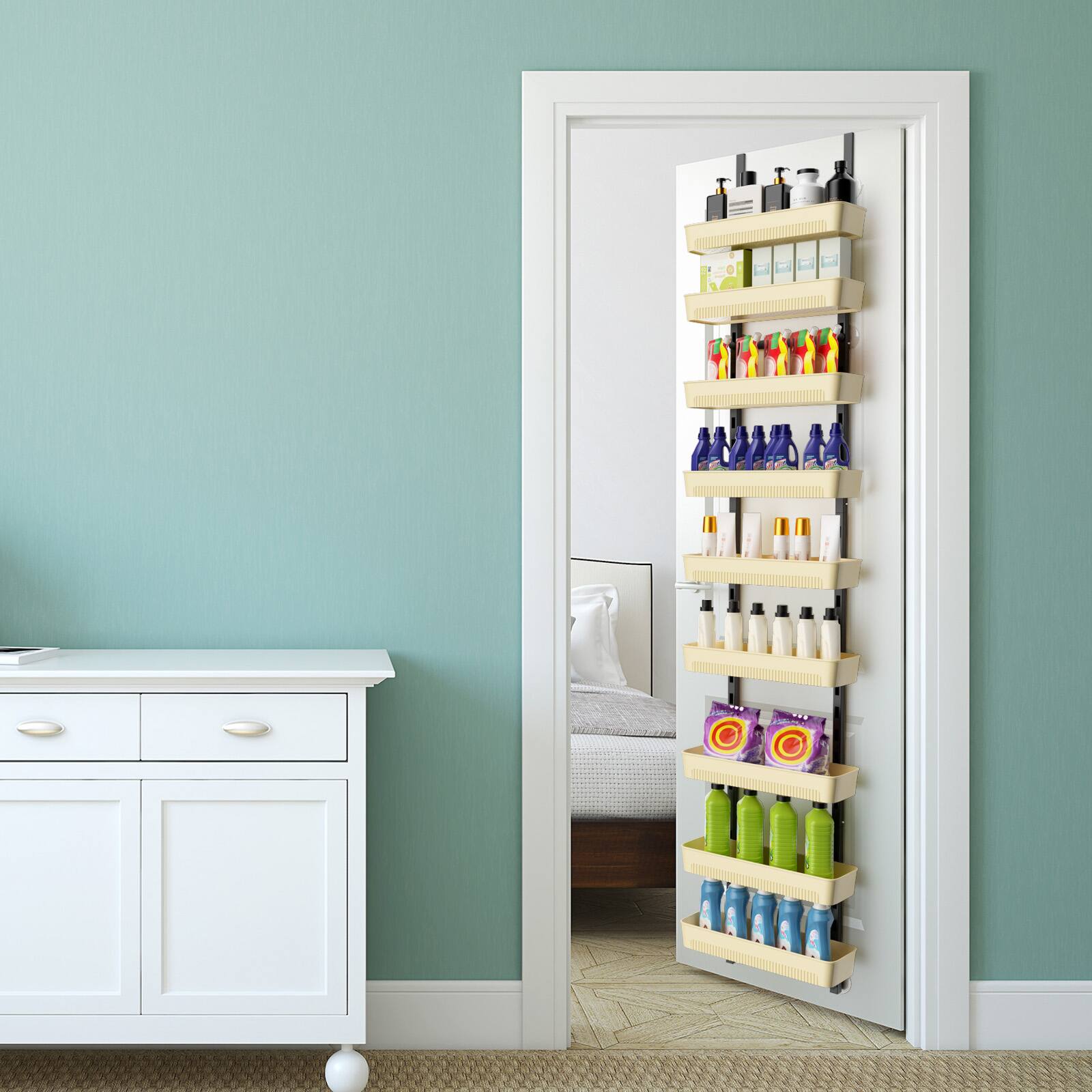 Alt View 5. Oumilen - Over-the-Door 9-Tier Hanging Organizer, 9 Removable Cream Yellow Baskets Adjustable Frame for Pantry Bathroom - Yellow.