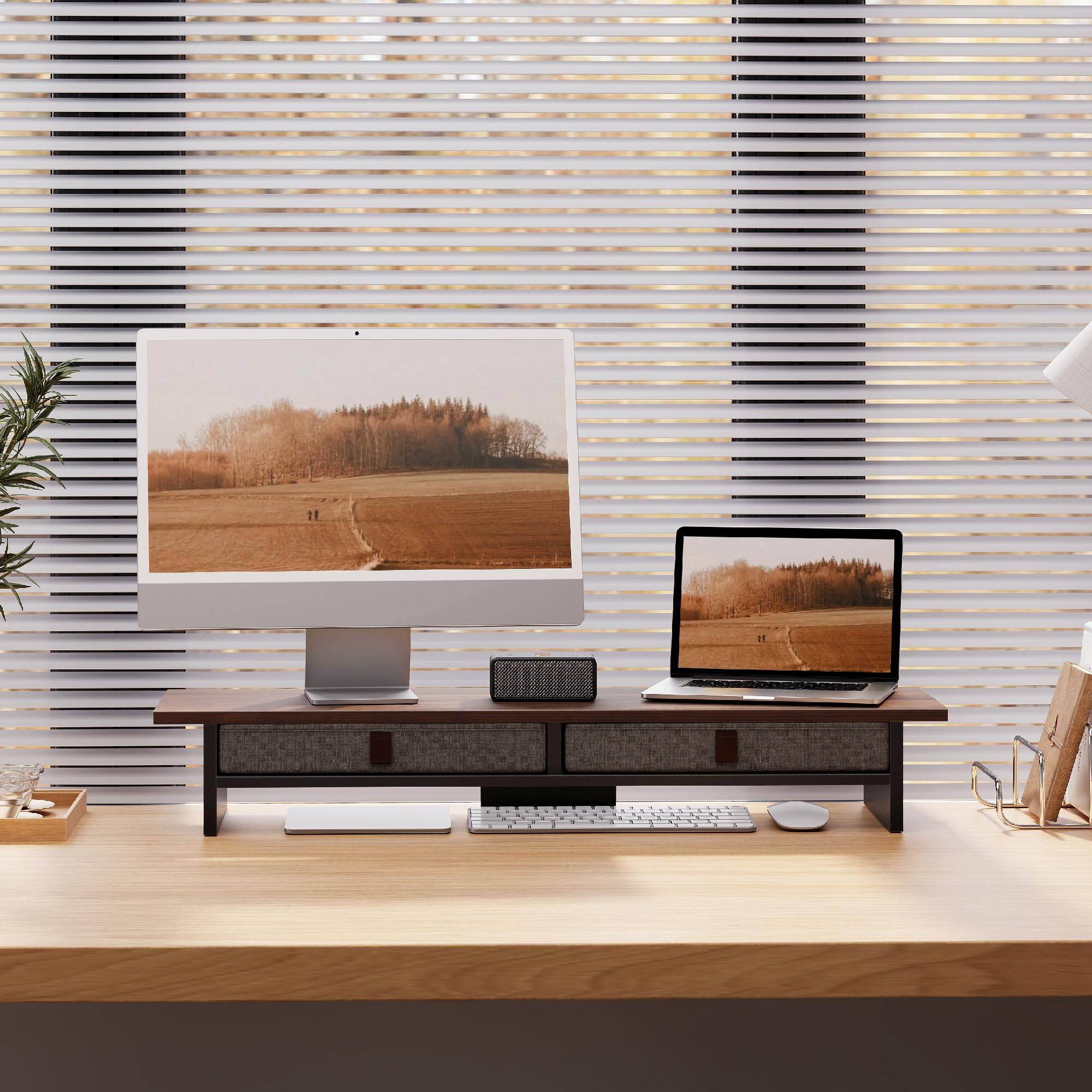 Alt View 5. Cedar Assembly - Monitor Stand With Drawer 2 Tiers Dual Riser For Desk Computer 2 Monitors Shelf Home Office Laptop Pc Tv - Brown.