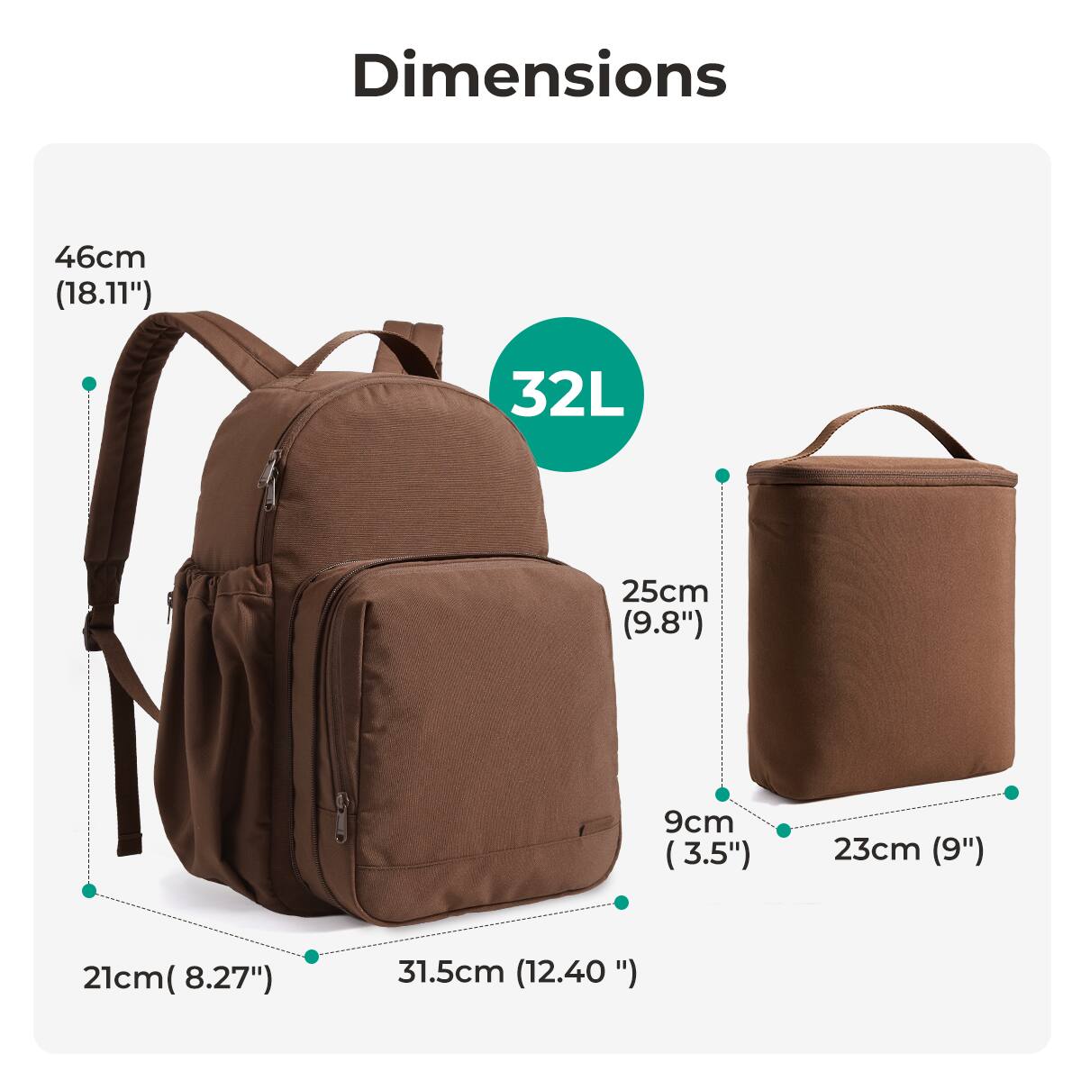 Dimensions: 46cm (18.11") x 32L x 25cm (9.8") x 9cm (3.5") x 23cm (9") x 21cm (8.27") x 31.5cm (12.40")