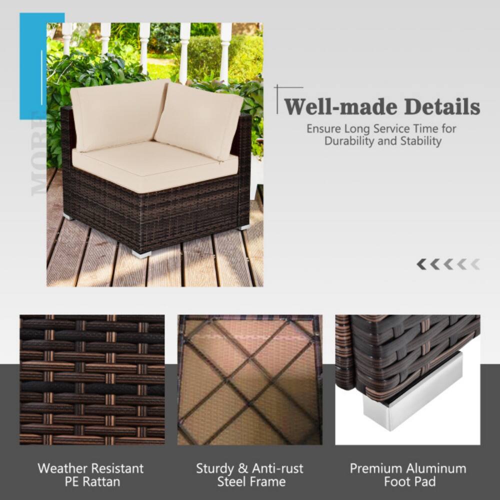 Well-made Details  
Ensure Long Service Time for Durability and Stability  

- Weather Resistant PE Rattan  
- Sturdy & Anti-rust Steel Frame  
- Premium Aluminum Foot Pad