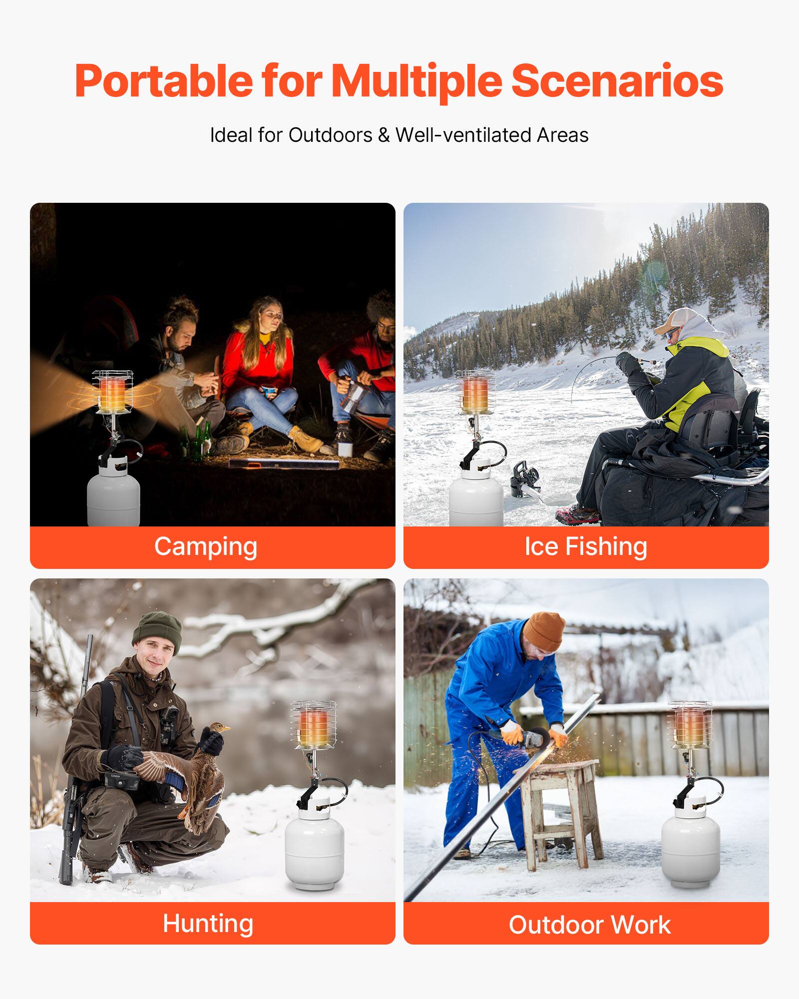 Portable for Multiple Scenarios  
Ideal for Outdoors & Well-ventilated Areas  

Camping  
Ice Fishing  
Hunting  
Outdoor Work