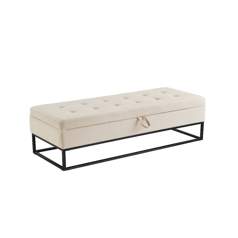 Back. Ropilly - Ropilly Beige Velvet Storage Bench Tufted Bed End Ottoman Metal Base - Beige.