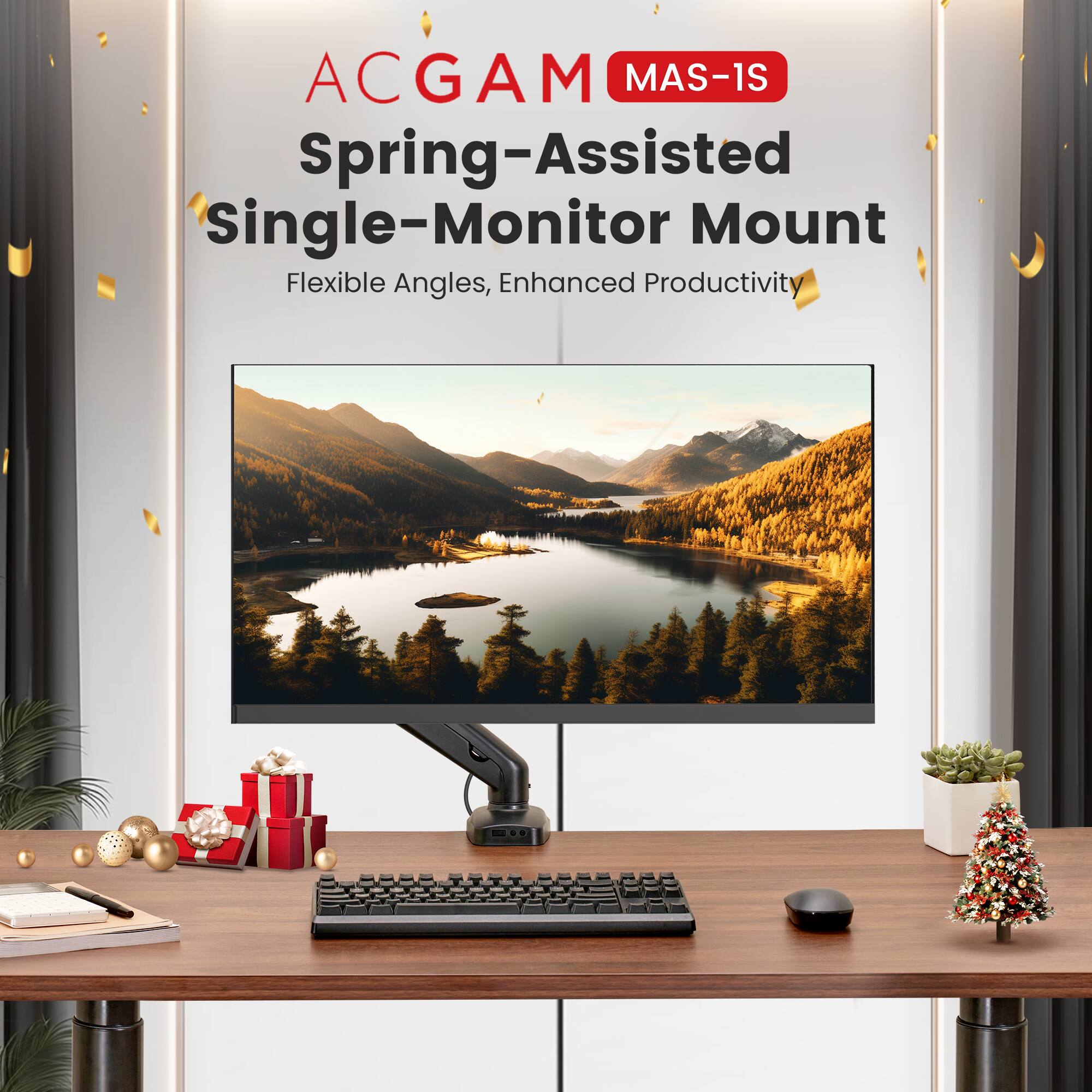 ACGAM MAS-1S Spring-Assisted Single-Monitor Mount Flexible Angles, Enhanced Productivity
