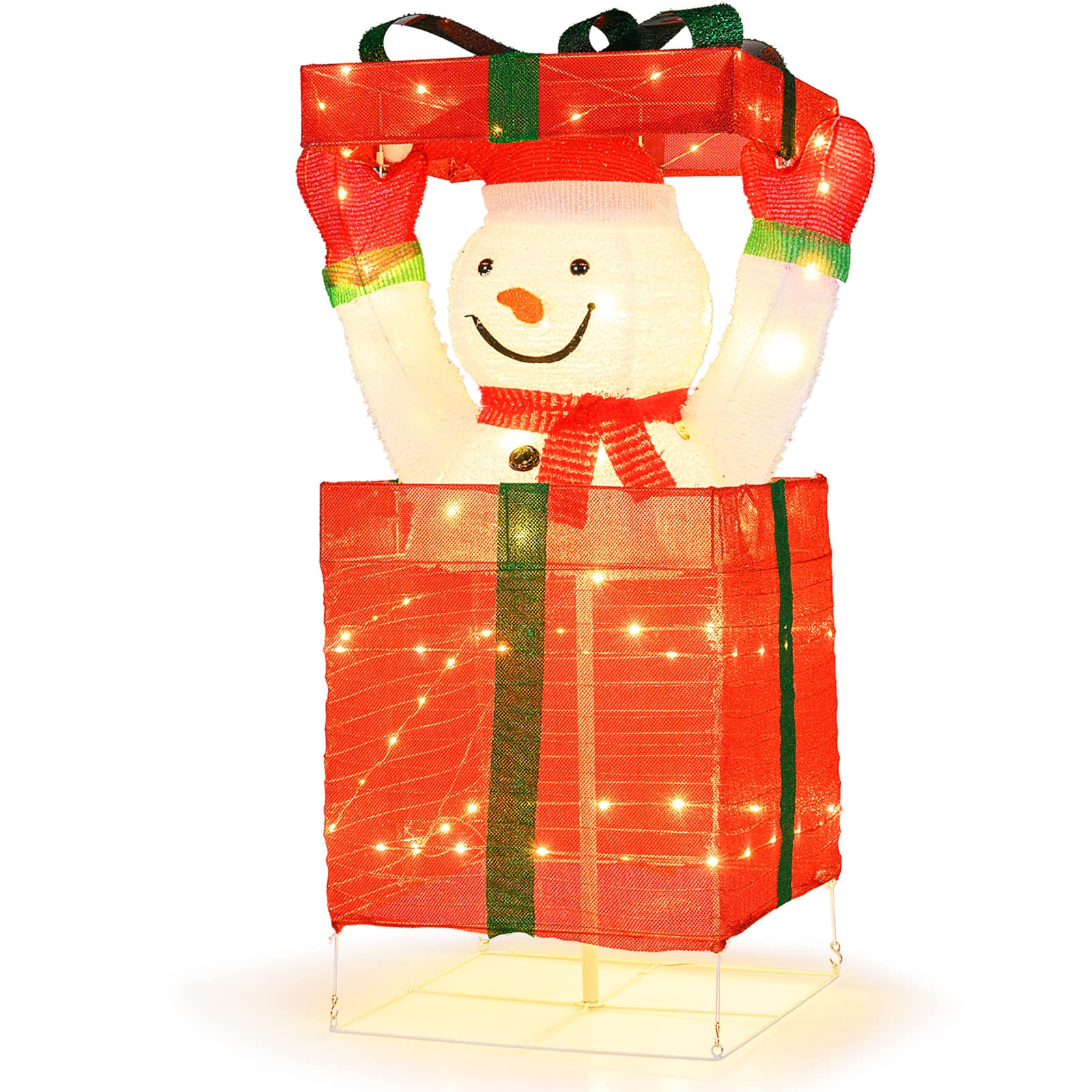 Gymax - Outdoor Lighted Snowman in Gift Box Christmas Decoration w/100 LED Lights for Home Lawn - Multi-Color