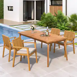 Mondawe - 5-Piece Acacia Wood Outdoor Dining Set, Patio Table & Chairs with Removable Cushions - Natural+Teak