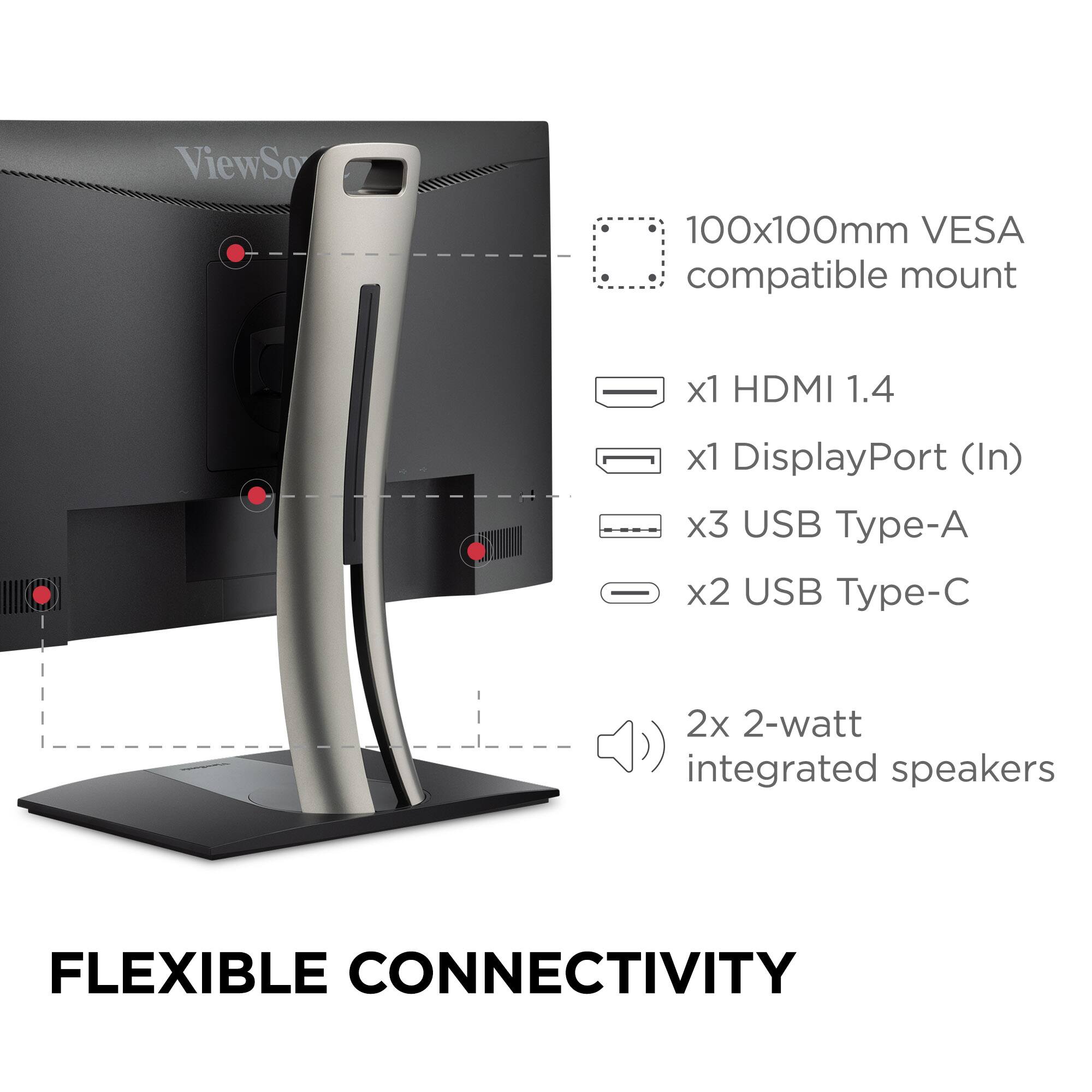 ViewSonic 100x100mm VESA compatible mount x1 HDMI 1.4 x1 DisplayPort (In) x3 USB Type-A x2 USB Type-C 2x 2-watt integrated speakers FLEXIBLE CONNECTIVITY