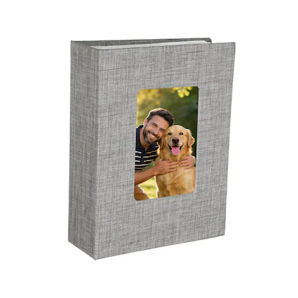 Front. Unique Bargains - Photo Album 6.5x4.9 Inch 100 Photos Linen Cover Photo Book with Display Window for Family Wedding Anniversary - Light Gray.