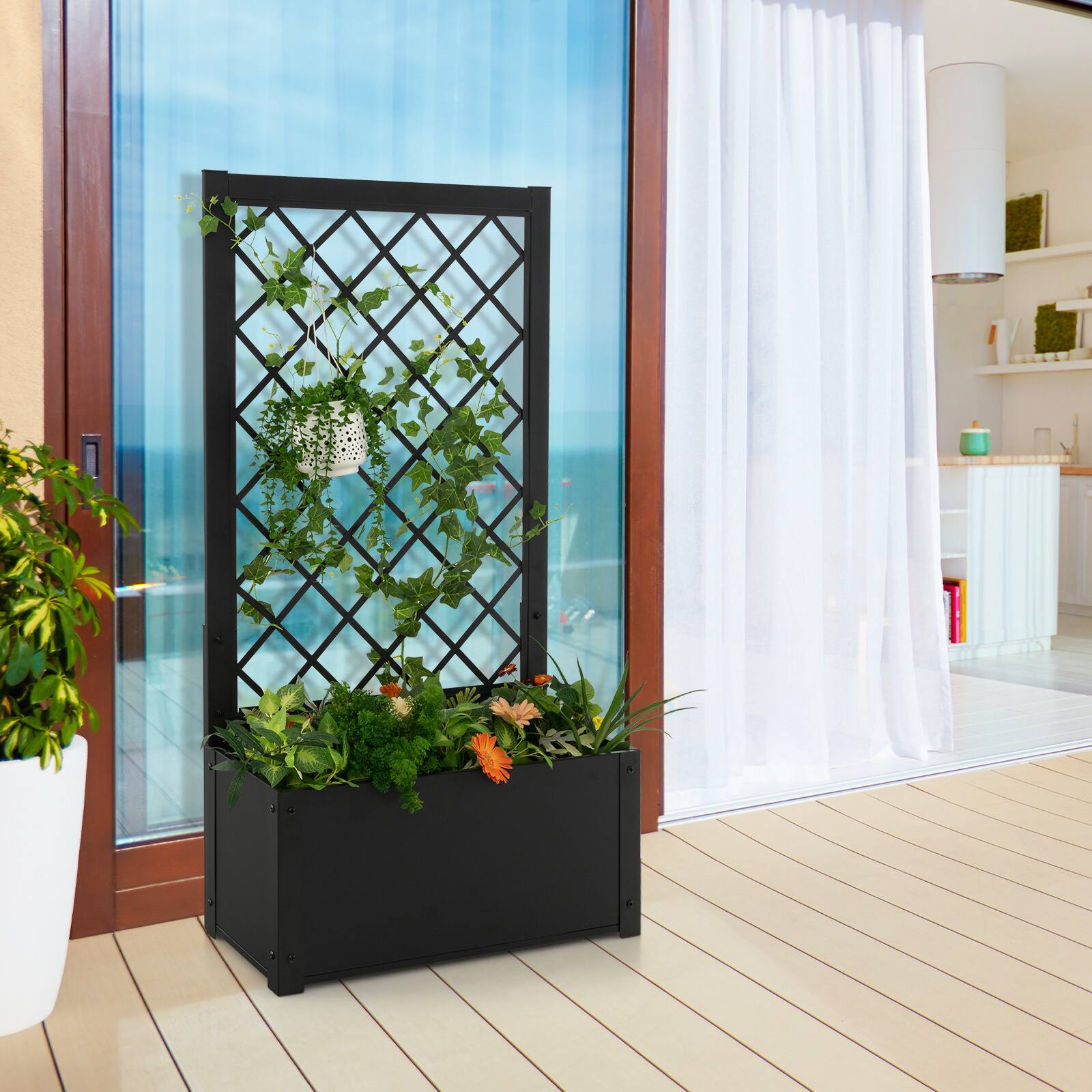 Alt View 3. Costway - Costway 2PCS 44" Metal Planter Box with Trellis Raised Garden Bed with Trellis, Elevated Lattice Planter - Black.