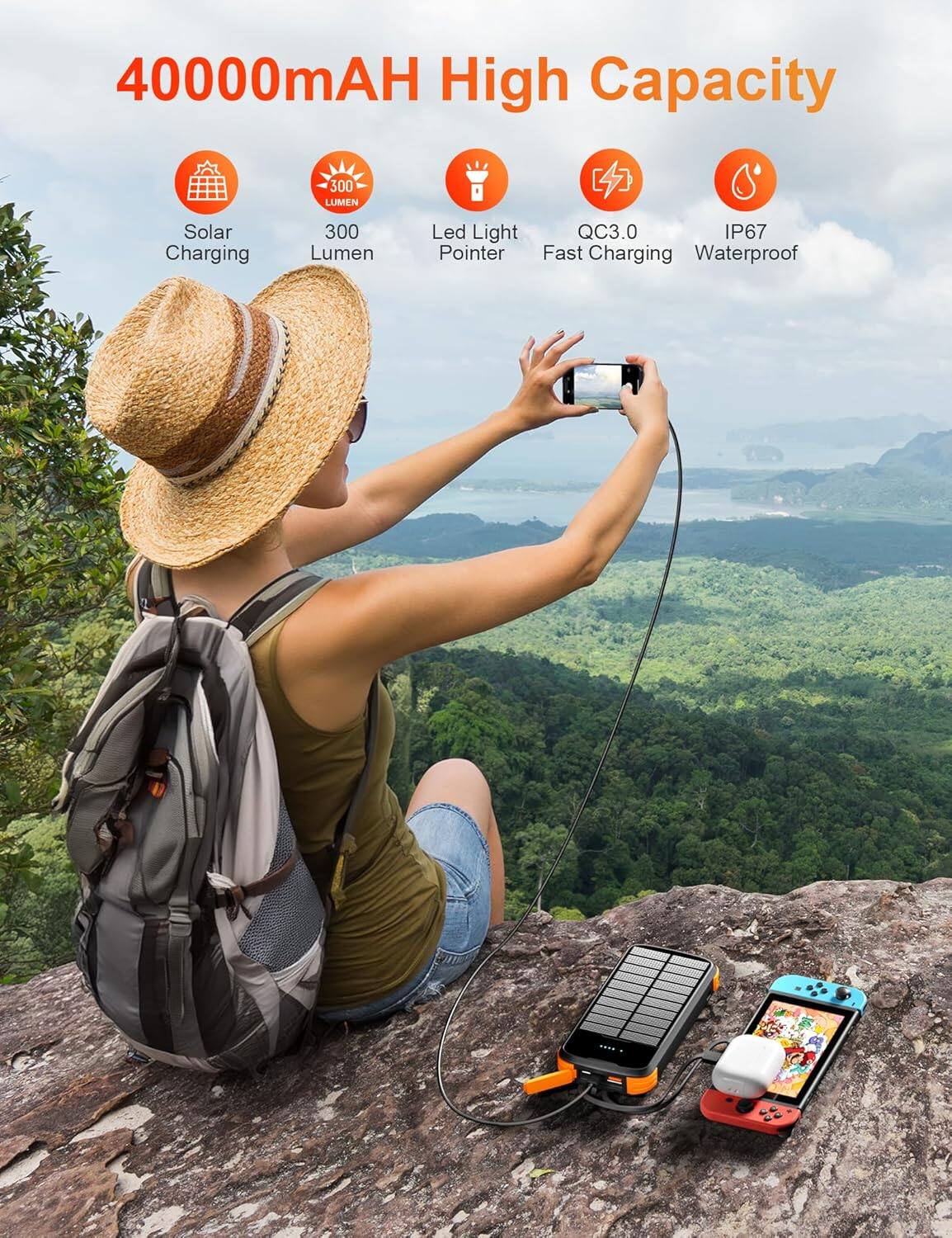 40000mAH High Capacity

- Solar Charging
- 300 Lumen
- Led Light Pointer
- QC3.0 Fast Charging
- IP67 Waterproof