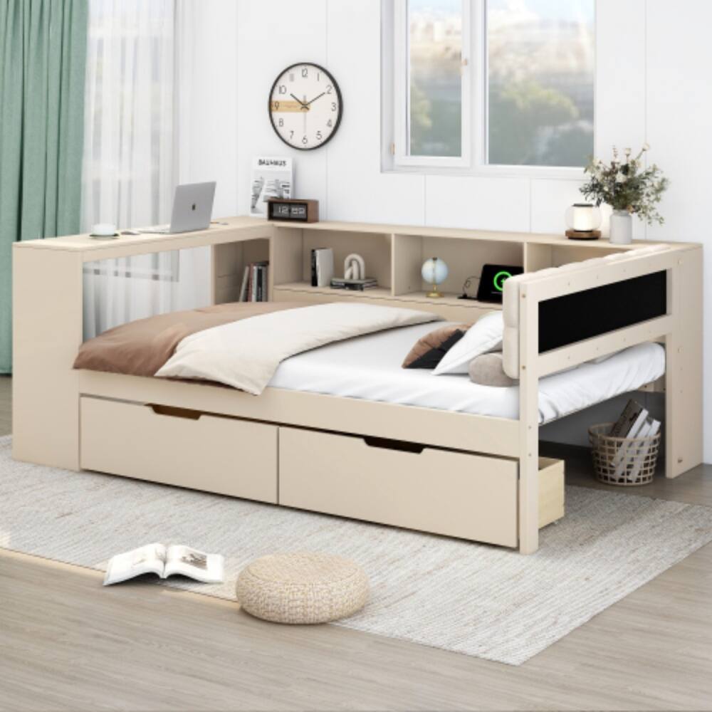 Angle. LUCKY ONE - Full Size Wood Platform Bed with Storage Shelves, Drawers, USB Charging Station, Upholstered Headboard - Cream.