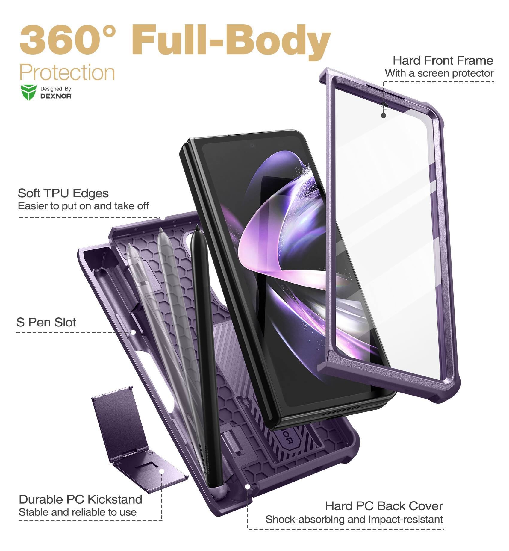 360° Full-Body Protection  
Designed By DEXNOR  

- Hard Front Frame  
  With a screen protector  

- Soft TPU Edges  
  Easier to put on and take off  

- S Pen Slot  

- Durable PC Kickstand  
  Stable and reliable to use  

- Hard PC Back Cover  
  Shock-absorbing and Impact-resistant