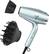 The image features a hair dryer and a brush. The hair dryer is silver and has a black brush attached to it. The brush is black and has a black handle. The hair dryer is designed to help people dry their hair quickly and efficiently, while the brush is used to style and shape the hair.