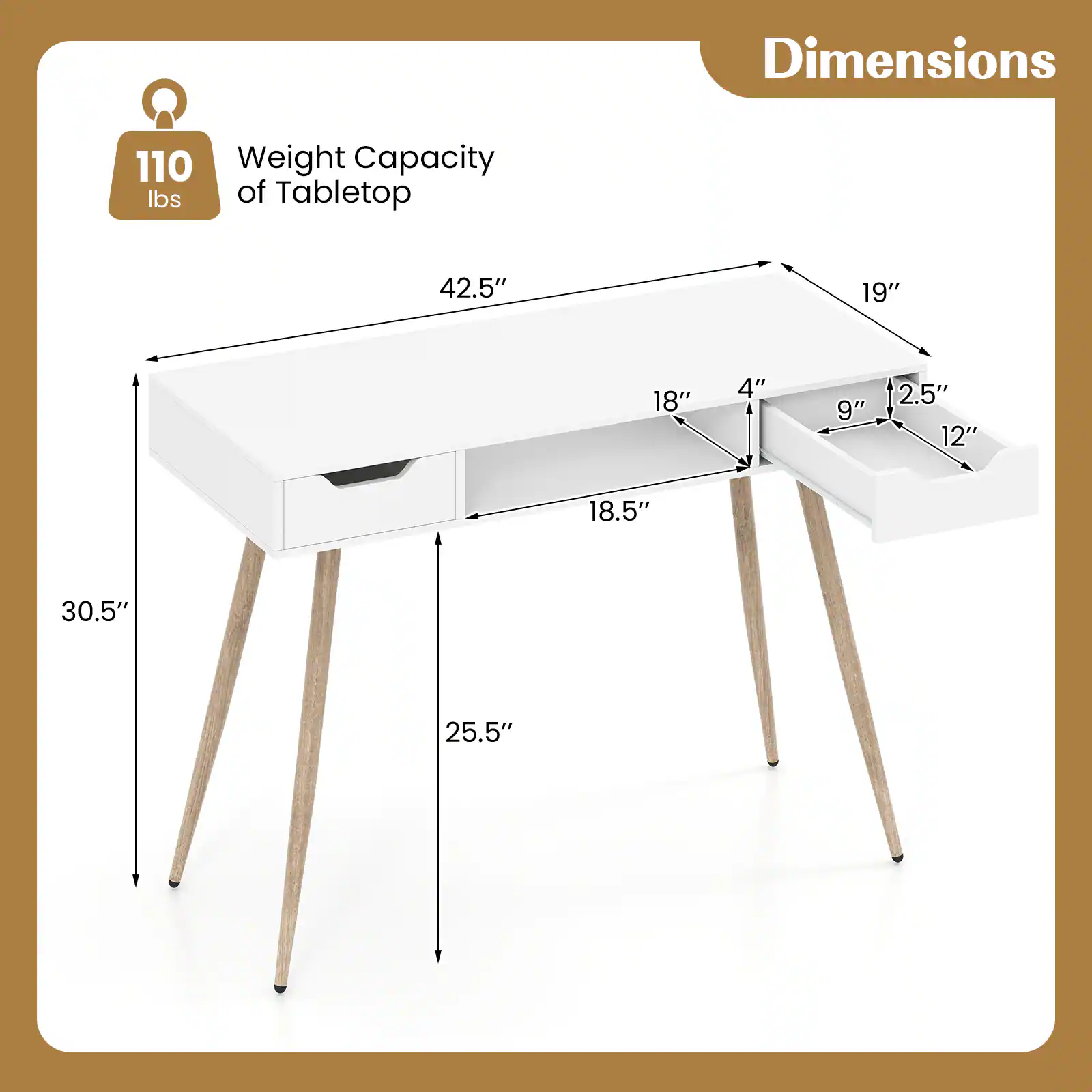 Dimensions  
Weight Capacity of Tabletop: 110 lbs  
42.5" x 19" x 18" x 4" x 9" x 2.5" x 12" x 18.5" x 30.5" x 25.5"