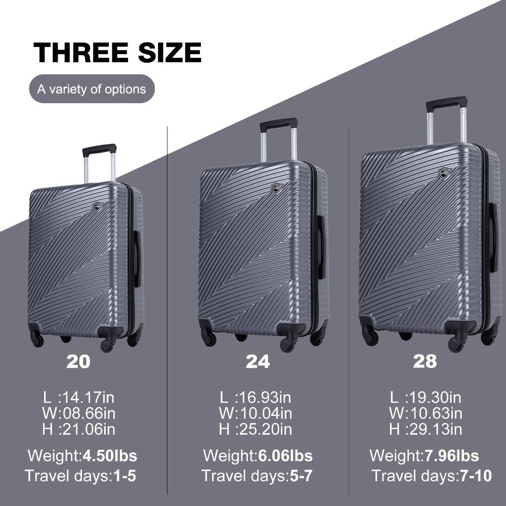 THREE SIZE  
A variety of options  

20  
L: 14.17in  
W: 08.66in  
H: 21.06in  
Weight: 4.50lbs  
Travel days: 1-5  

24  
L: 16.93in  
W: 10.04in  
H: 25.20in  
Weight: 6.06lbs  
Travel days: 5-7  

28  
L: 19.30in  
W: 10.63in  
H: 29.13in  
Weight: 7.96lbs  
Travel days: 7-10