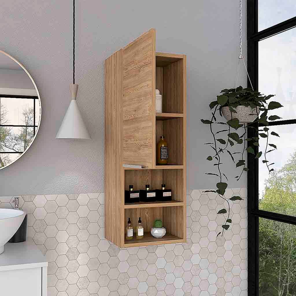 Left. TinyHomie - Medicine Single Door Cabinet 32in H Two Interior Shelves Two External Shelves Light Oak - Beige.