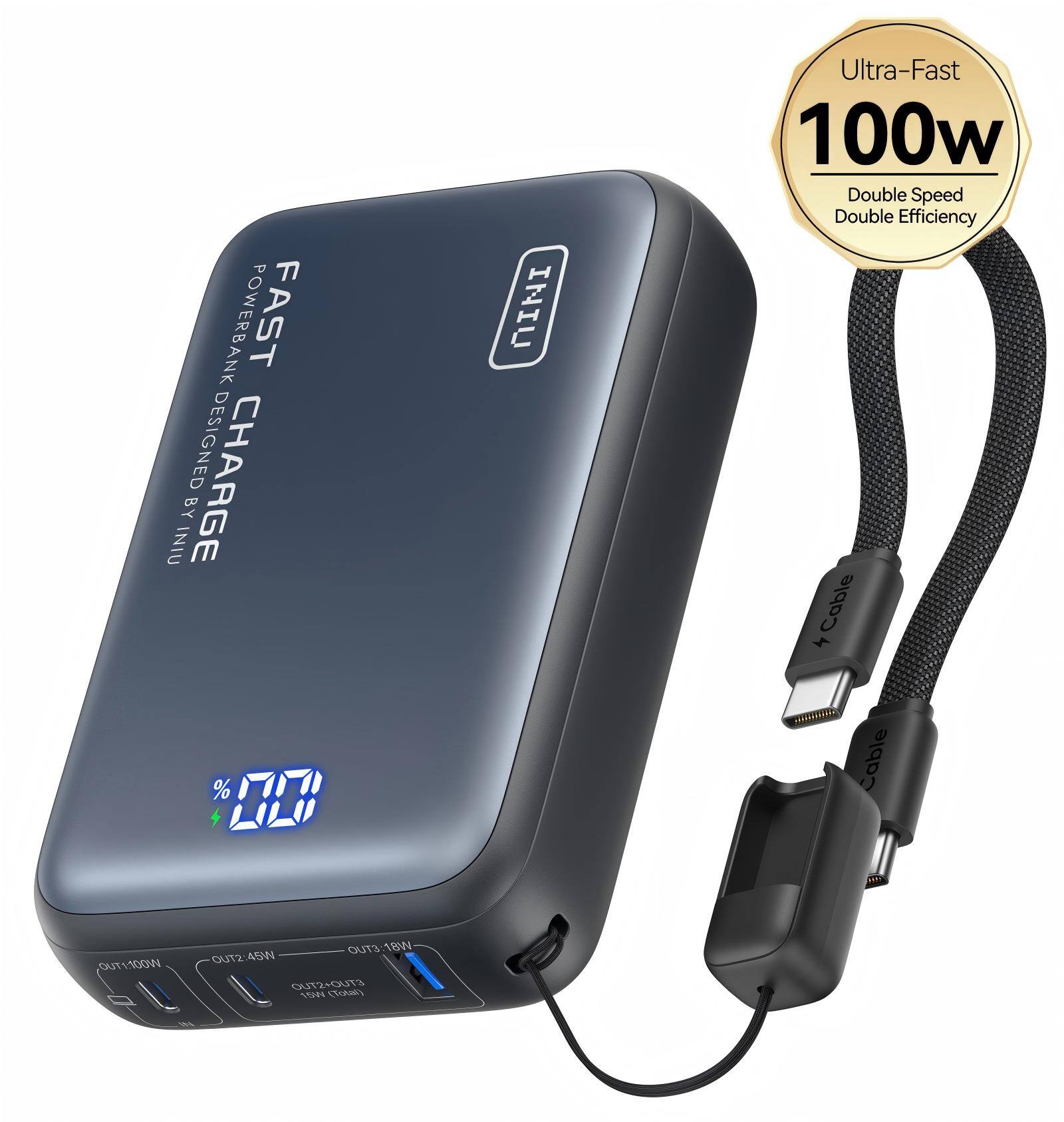 POWERBANK FAST DESIGNED CHARGE BY INIU  
INU Ultra-Fast 100w Double Speed Double Efficiency  
Cable OUT1:100W  
OUT2:45W  
OUT3:18W