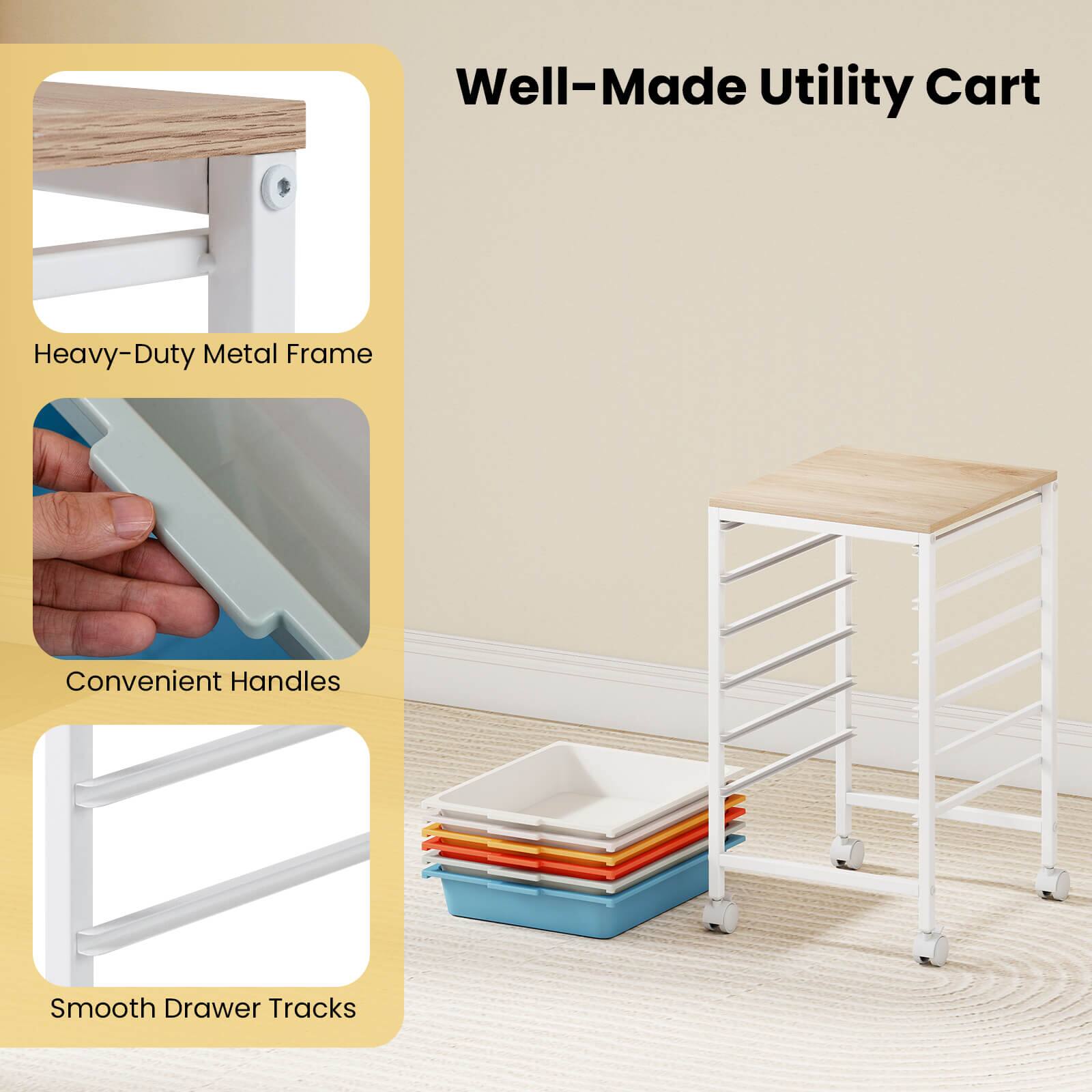 Well-Made Utility Cart  
Heavy-Duty Metal Frame  
Convenient Handles  
Smooth Drawer Tracks