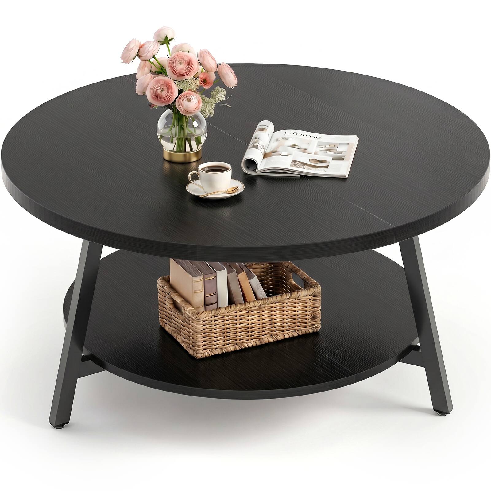 Angle. Aheaplus - 35.4'' Round Coffee Table with Storage, 2-Tier Small Modern Coffee Table for Living Room - Black.