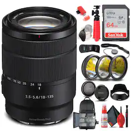 Sony - E 18-135mm f/3.5-5.6 OSS Lens + Filter Kit + BackPack + 64GB Card + More (International Model) - Black