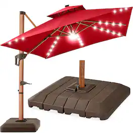 Best Choice Products - 10ft Square Woodgrain Pattern 2-Tier Outdoor Solar LED Cantilever Umbrella w/ Base - Red