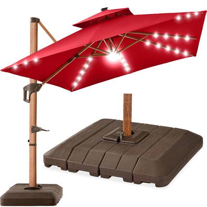 Front. Best Choice Products - Best Choice Products 10ft Square Woodgrain Pattern 2-Tier Outdoor Solar LED Cantilever Umbrella w/ Base - Red - Red.