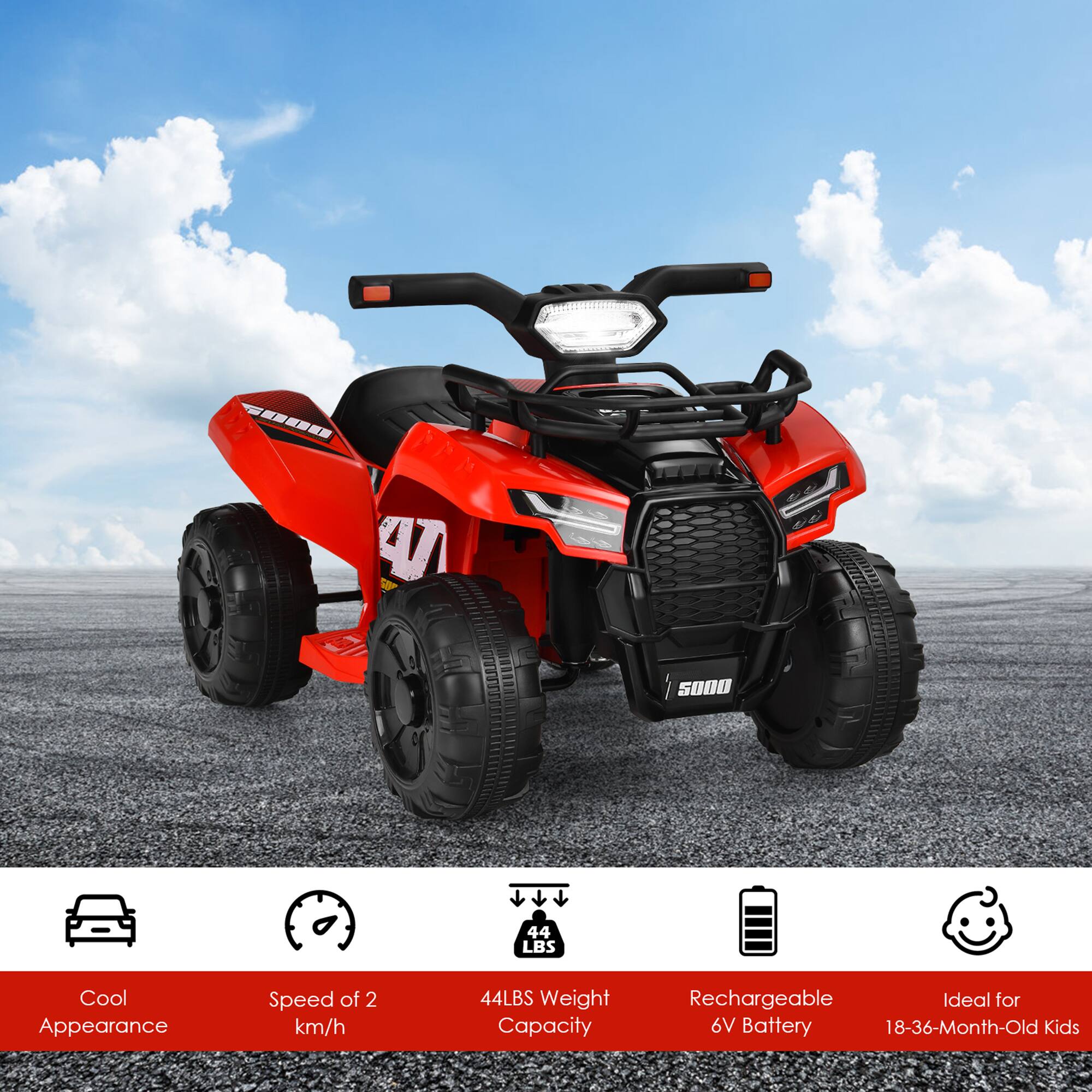 - Cool Appearance
- Speed of 2 km/h
- 44LBS Weight Capacity
- Rechargeable 6V Battery
- Ideal for 18-36-Month-Old Kids