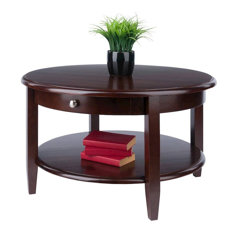 Back. FurniFact - Round Coffee Table with Drawer & Shelf - Walnut.