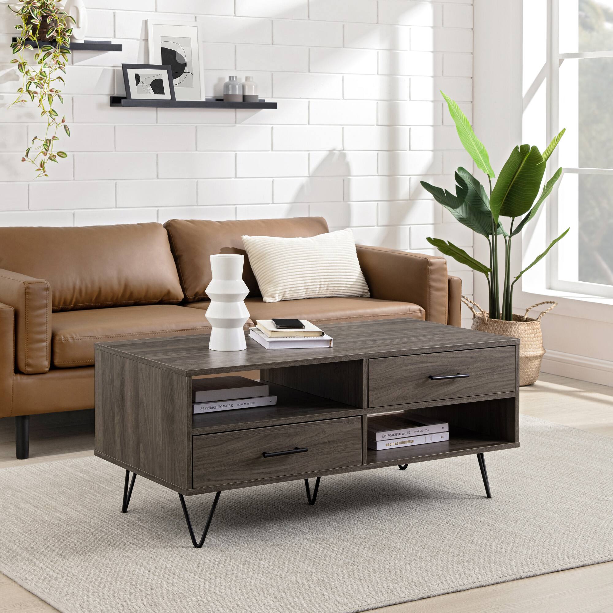 Alt View 12. Walker Edison - Contemporary Minimalist 2-Drawer Coffee Table - Slate Grey/Black.