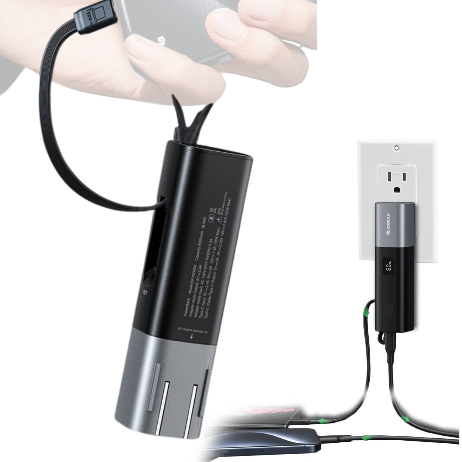 Esoulk - Portable 5000mAh PD 20W Charger Power Bank with Built-in Foldable AC Wall Plug and USB-C Cable - Black