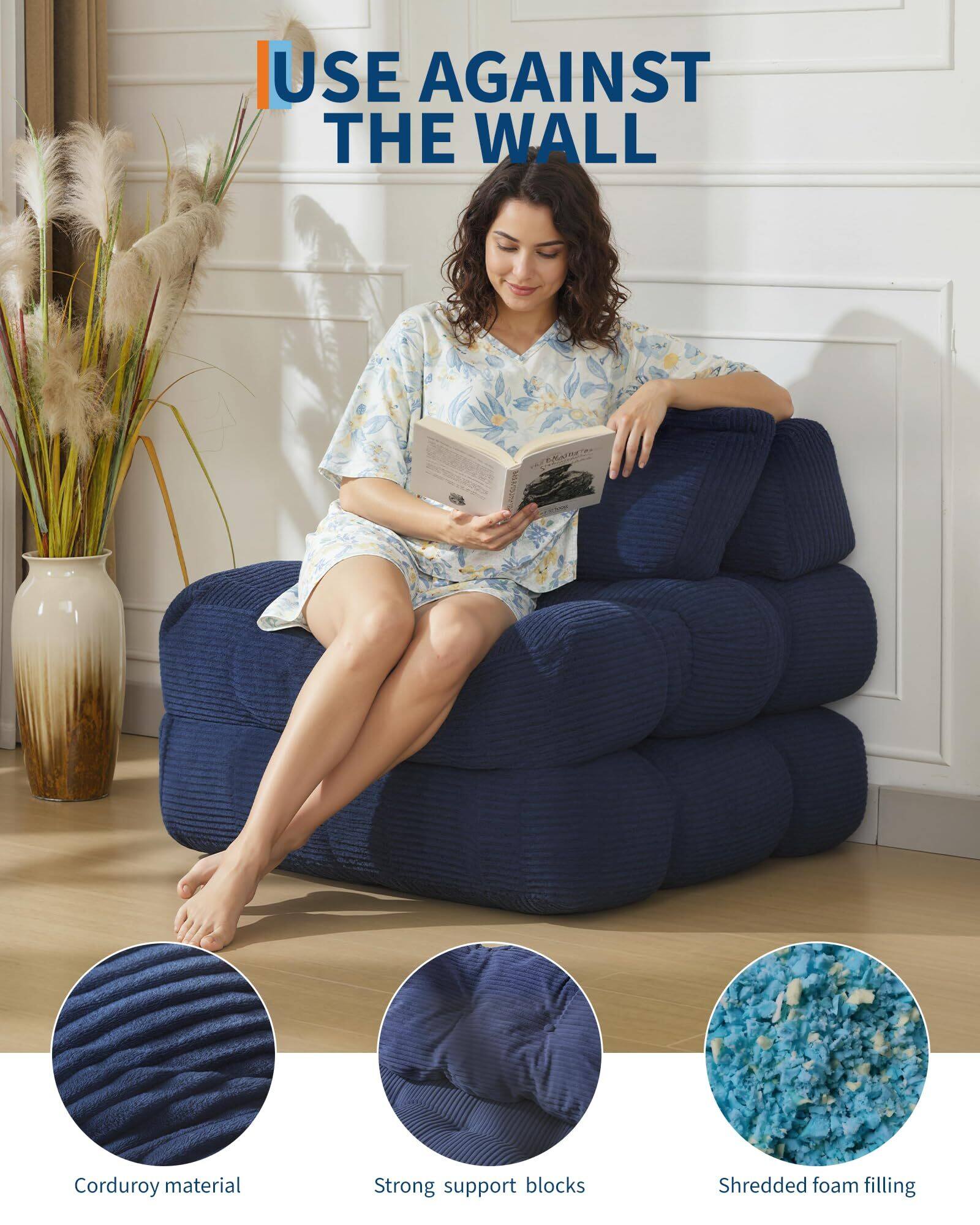 USE AGAINST THE WALL

Corduroy material  
Strong support blocks  
Shredded foam filling