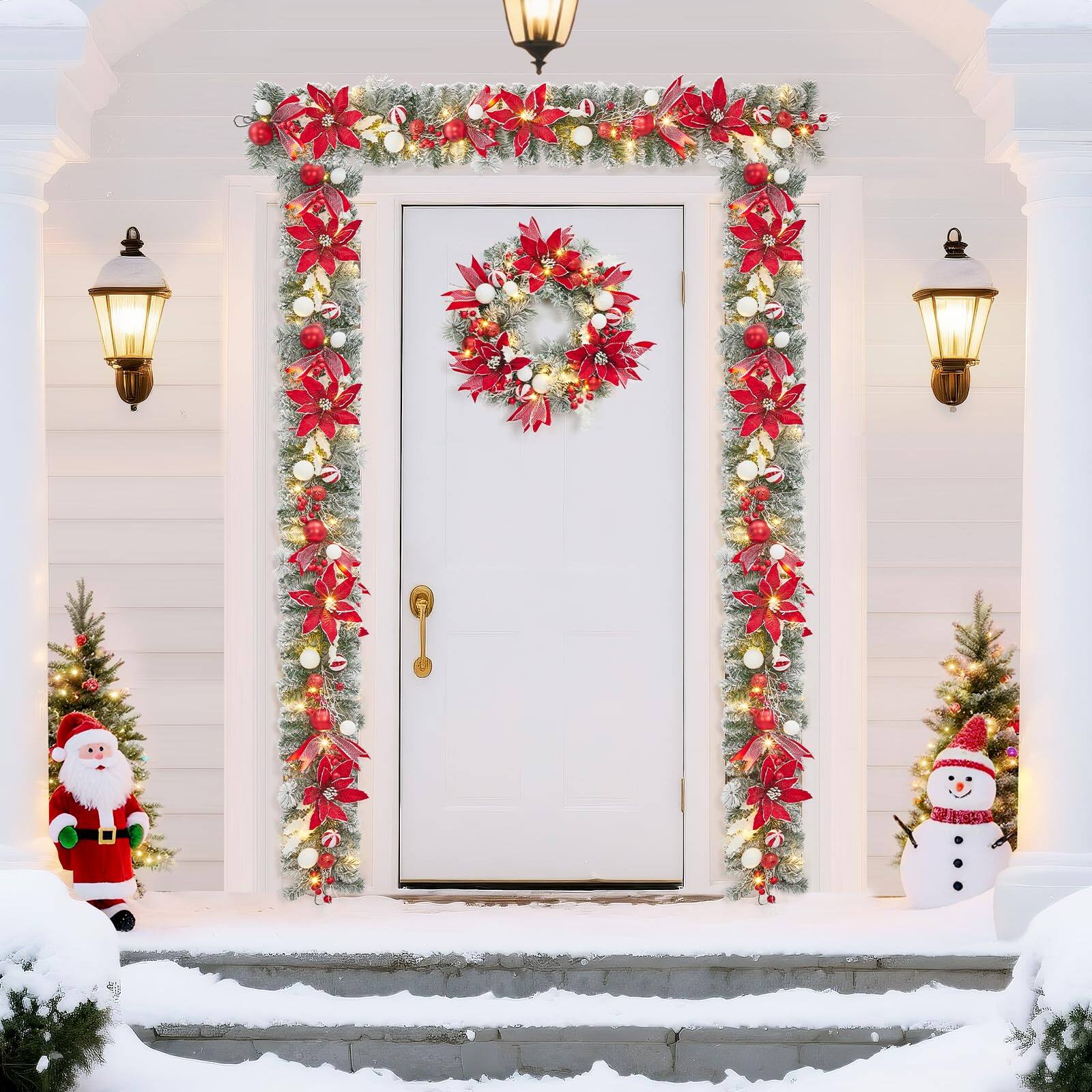 Alt View 1. Acekool - 6FT Pre-Lit Christmas Garland with 20 Lights Flowers Ball Ornaments Berries for Fireplace Mantle Indoor Outdoor Decor - Red.