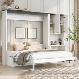 Whisen - Queen Size Multi-Functional Murphy Bed with Sofa, Desk & Storage Cabinet,Space-Saving Foldable Design - White