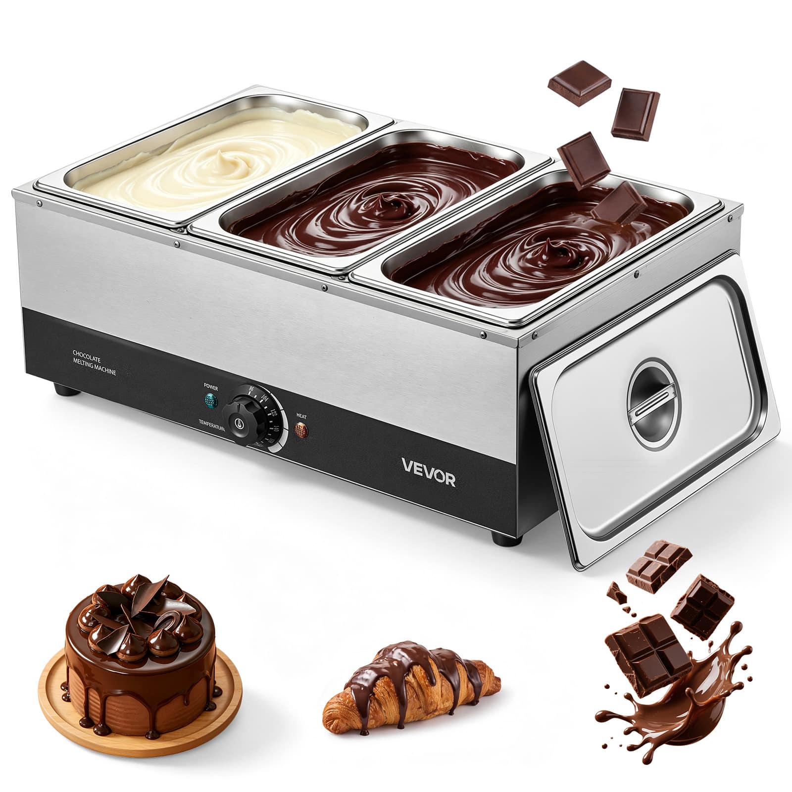 VEVOR - Chocolate Melting Machine, 3 Tanks 27 Lbs Choc Commercial Melter, 1200W High Power, Water Bath Heating System - Silver;Black