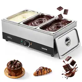 VEVOR - Chocolate Melting Machine, 3 Tanks 27 Lbs Choc Commercial Melter, 1200W High Power, Water Bath Heating System - Silver;Black