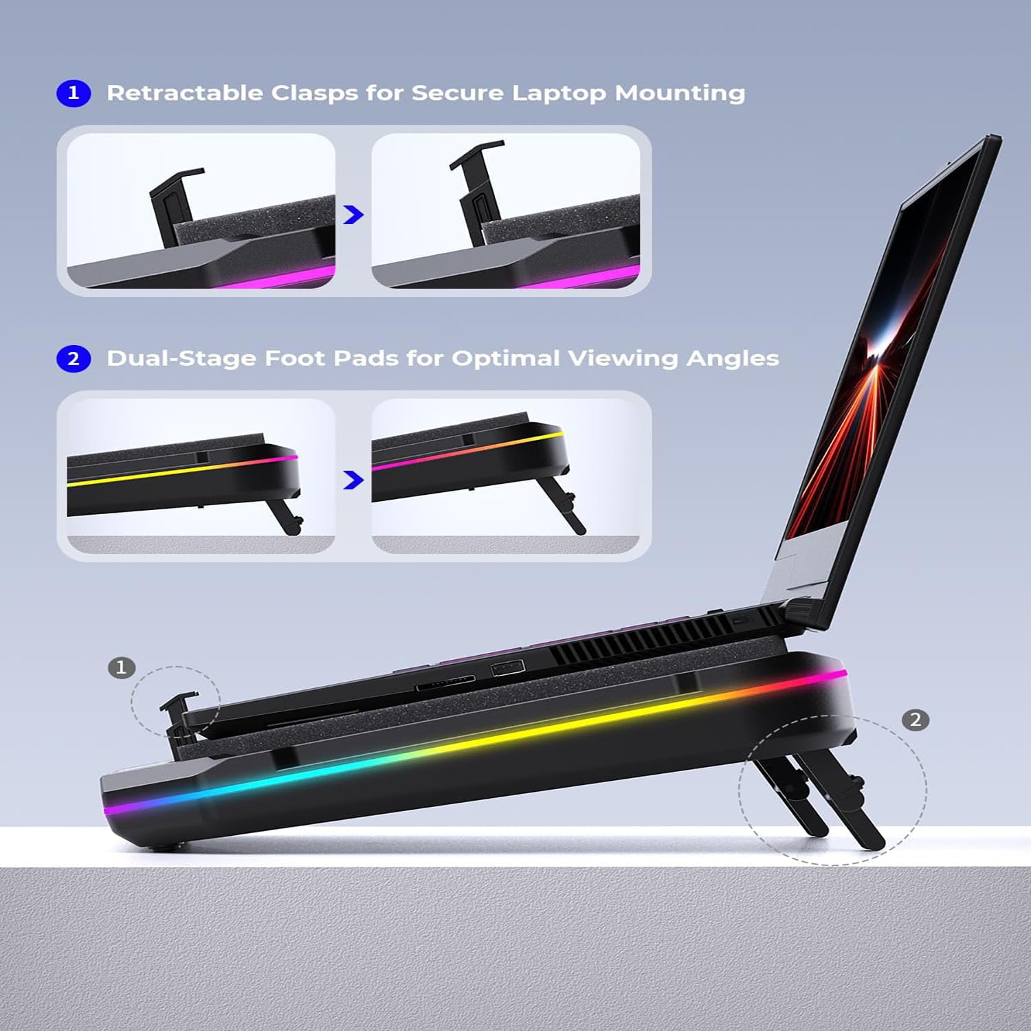 1. Retractable Clasps for Secure Laptop Mounting  
2. Dual-Stage Foot Pads for Optimal Viewing Angles