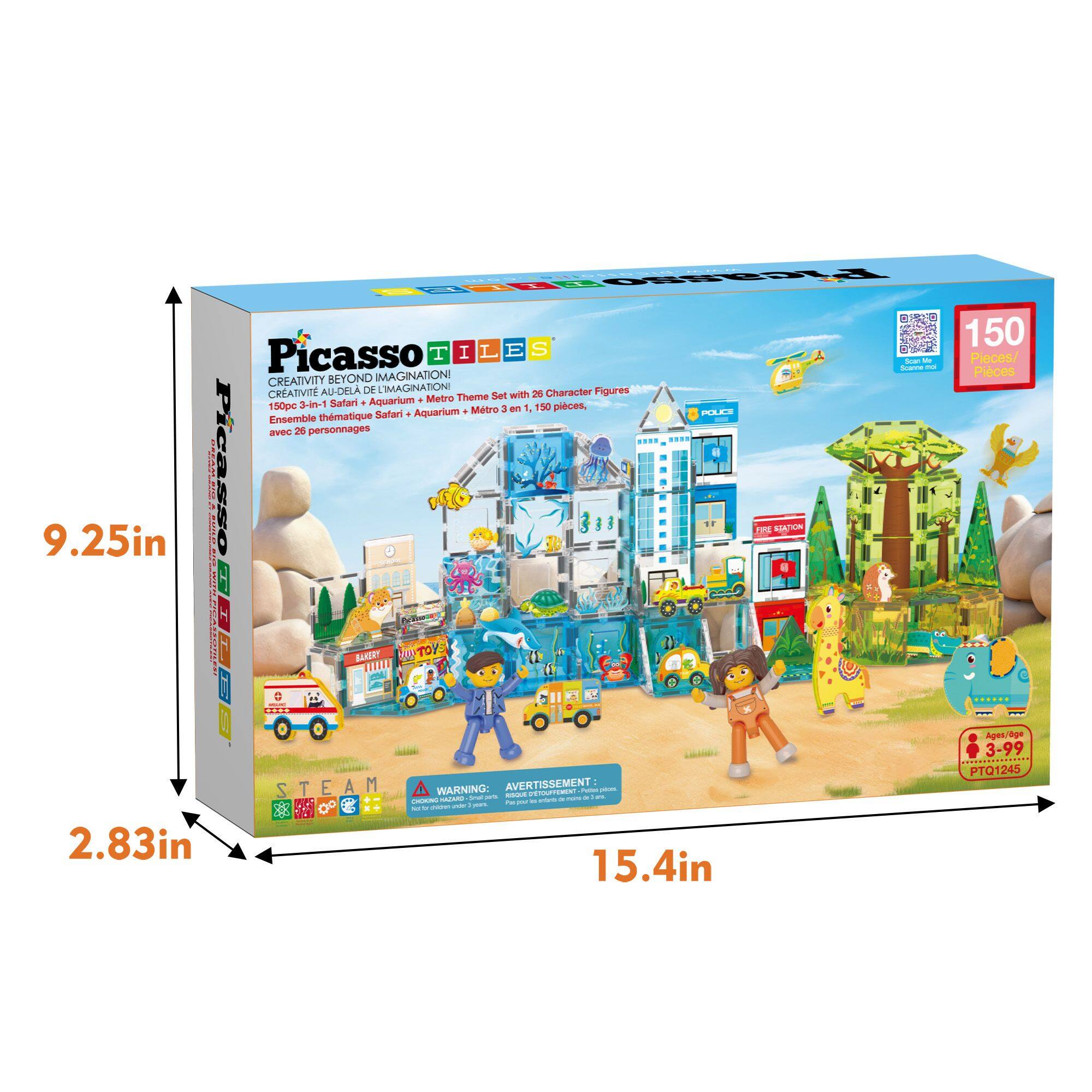 Picasso Tiles  
Creativity Beyond Imagination  
150pc 3-in-1 Safari + Aquarium + Metro Theme Set with 26 Character Figures  
Ensemble thématique Safari + Aquarium + Metro 3 en 1 avec 26 personnages  
9.25in x 15.4in x 2.83in  
Ages 3-99  
PTQ1245  
Steam  
Warning: Small parts. Not for children under 3 years.  
Avertissement: Petits éléments. Ne convient pas aux enfants de moins de 3 ans.