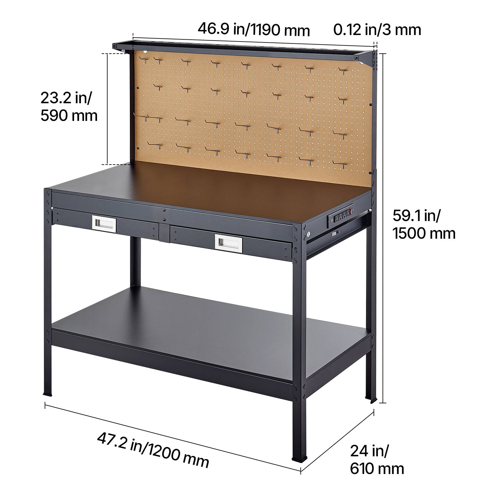 46.9 in/1190 mm  
0.12 in/3 mm  
23.2 in/590 mm  
59.1 in/1500 mm  
47.2 in/1200 mm  
24 in/610 mm