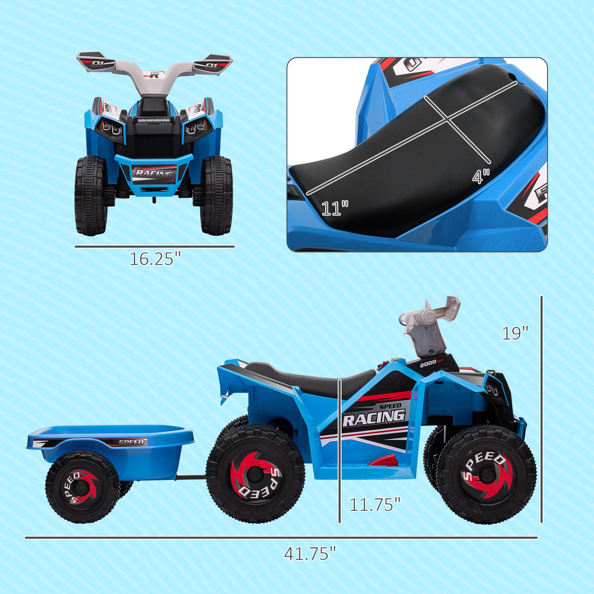 - Length: 41.75"
- Width: 19"
- Height: 16.25"
- Seat Height: 11"
- Seat Width: 4"
- Wheel Diameter: 11.75"