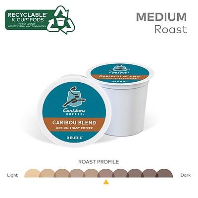 RECYCLABLE K-CUP PODS  
NOT RECYCLED IN ALL COMMUNITIES

MEDIUM Roast

CARIBOU BLEND  
MEDIUM ROAST COFFEE  
KEURIG

ROAST PROFILE  
Light  
Dark