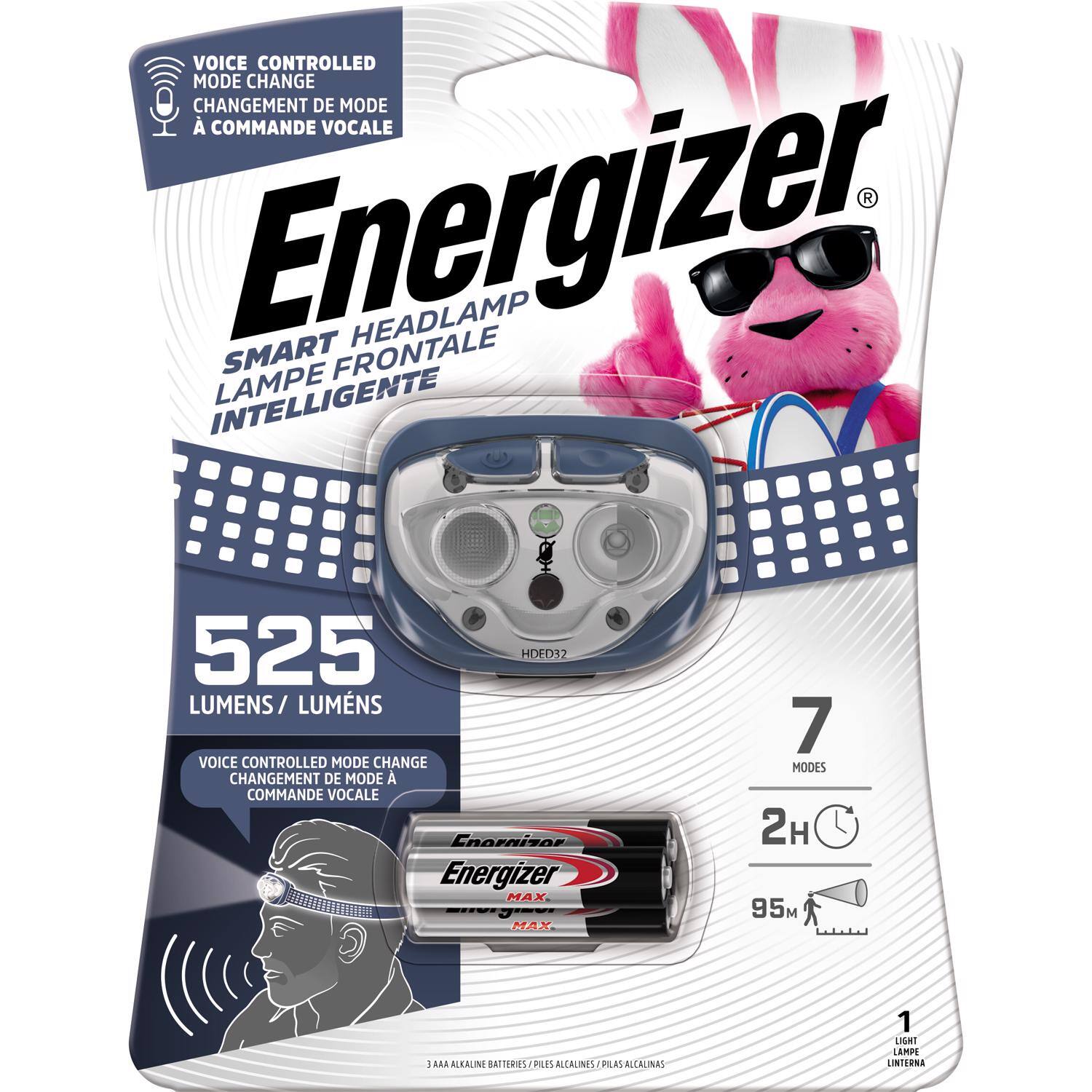 VOICE CONTROLLED MODE CHANGE  
CHANGEMENT DE MODE À COMMANDE VOCALE  

Energizer  
SMART HEADLAMP  
LAMPE FRONTAL INTELLIGENTE  

525 LUMENS / LUMENS  

VOICE CONTROLLED MODE CHANGE  
CHANGEMENT DE MODE À COMMANDE VOCALE  

7 MODES  

2H 95M  

3 AAA ALKALINE BATTERIES / PILES ALKALINES  

1 LIGHT LAMPE / LINTERNA