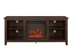 Walker Edison - 58" Open Storage Fireplace TV Stand for Most TVs Up to 65" - Traditional Brown - Front_Zoom