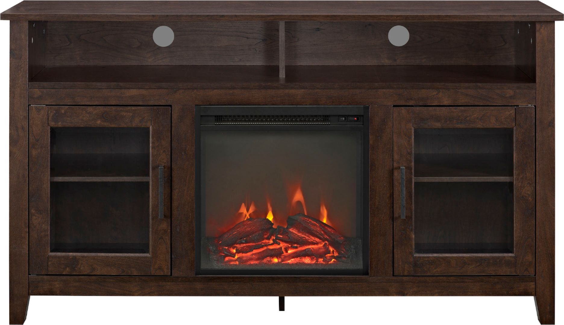 Walker Edison - Tall Glass Two Door Soundbar Storage Fireplace TV Stand for Most TVs Up to 65" - Traditional Brown