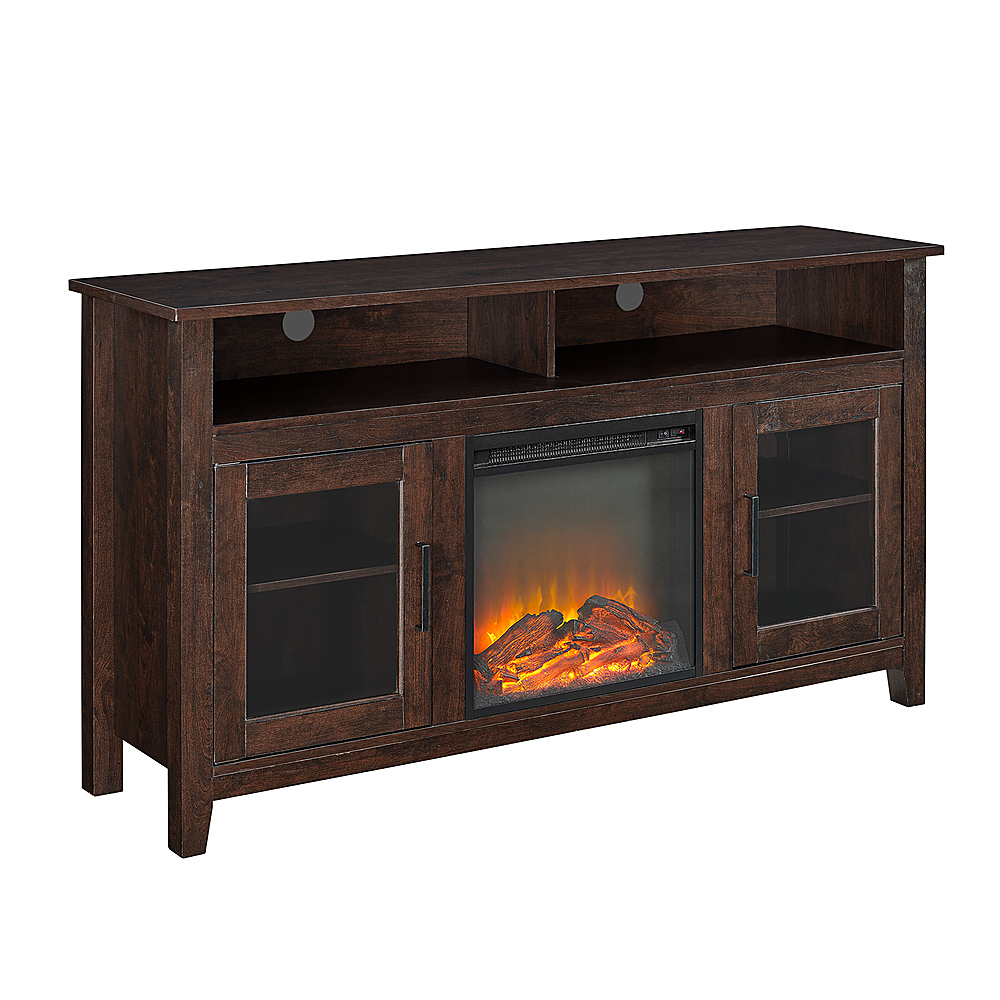 Angle View: Walker Edison - 58" Tall Glass Two Door Soundbar Storage Fireplace TV Stand for Most TVs Up to 65" - Traditional Brown