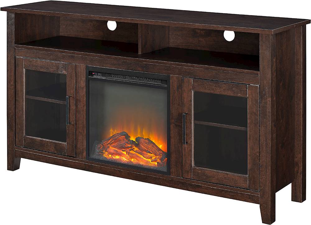 Left View: Walker Edison - Tall Glass Two Door Soundbar Storage Fireplace TV Stand for Most TVs Up to 65" - White Oak