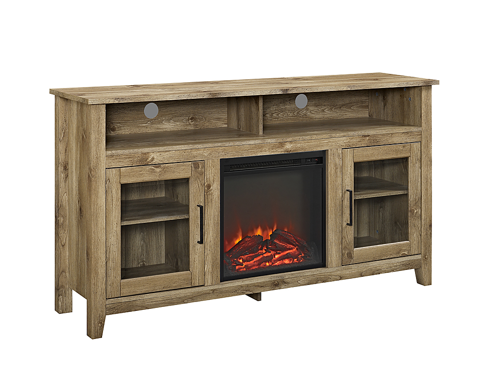 Angle View: Walker Edison - 58" Tall Glass Two Door Soundbar Storage Fireplace TV Stand for Most TVs Up to 65" - Barnwood