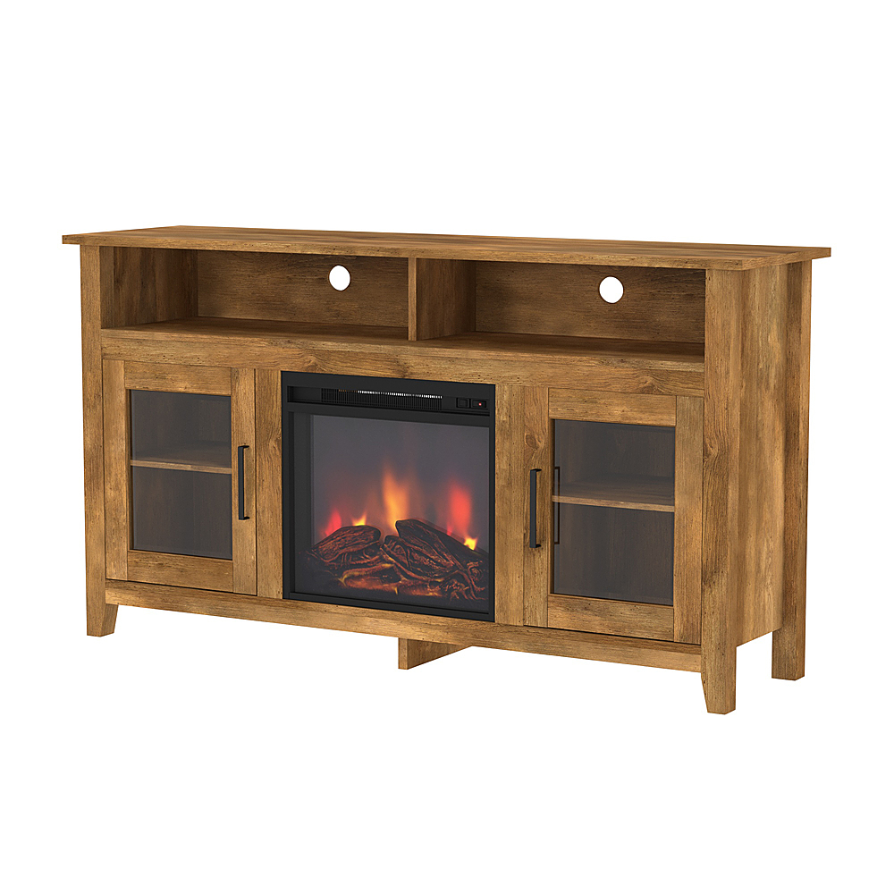 Left View: Walker Edison - 58" Tall Glass Two Door Soundbar Storage Fireplace TV Stand for Most TVs Up to 65" - Barnwood