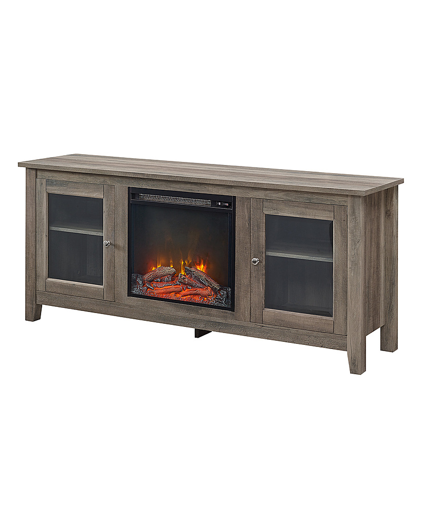 Left View: Walker Edison - Glass Two Door Corner Fireplace TV Stand for Most TVs up to 55" - Traditional Brown
