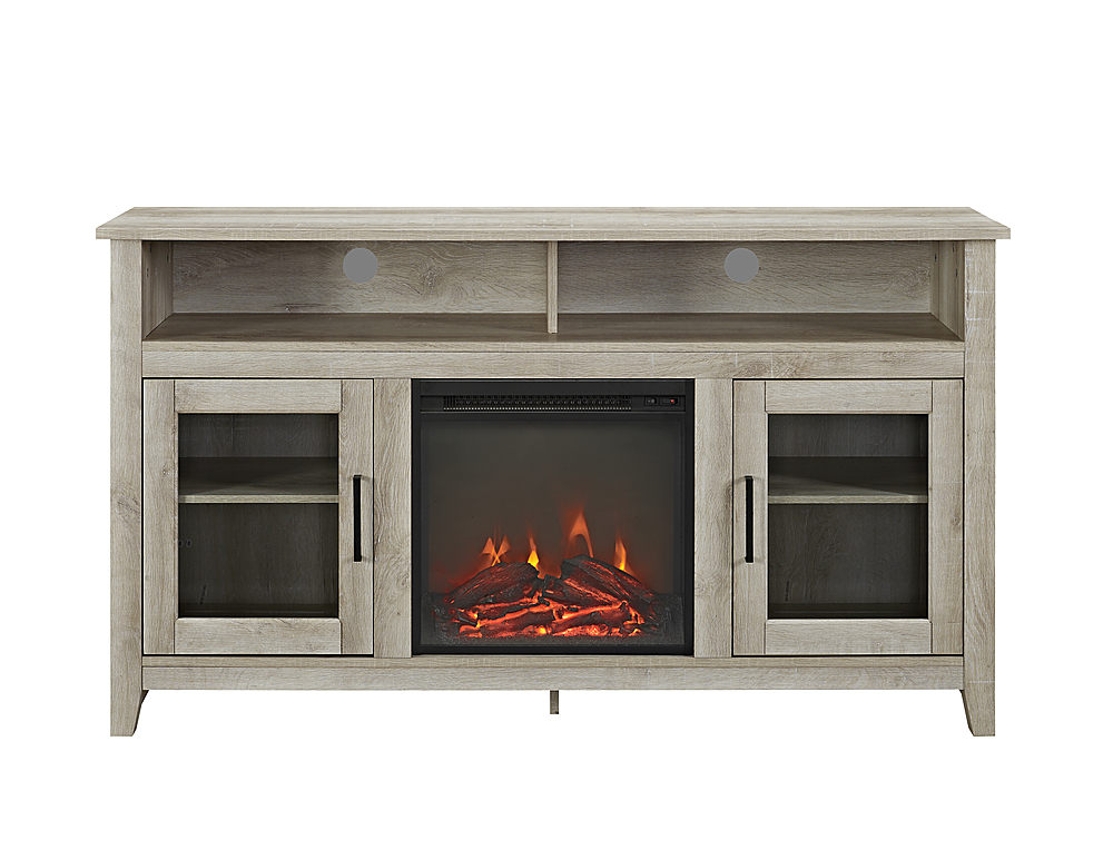 Walker Edison Tall Glass Two Door, Tv Stand With Fireplace White Oak