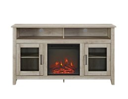 Walker Edison - Tall Glass Two Door Soundbar Storage Fireplace TV Stand for Most TVs Up to 65" - White Oak - Front_Zoom